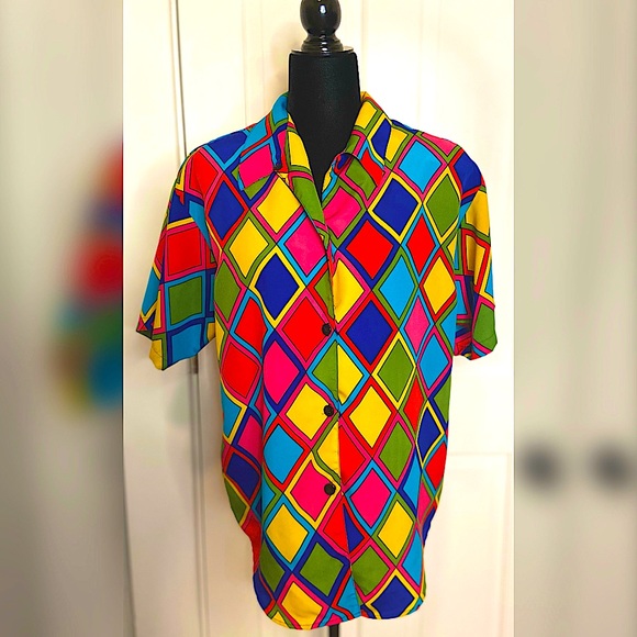 Retro 80s/90s Multi color Geometric Funky Blouse - Picture 2 of 2
